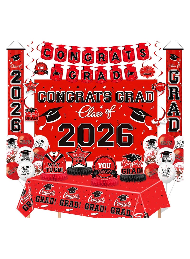Class of 2026 Graduation Party Decor Set Red and Black Theme Includes Banner Backdrop, Balloons, Tablecloth, Honeycomb Centerpiece, and Hanging Swirls - Image 1
